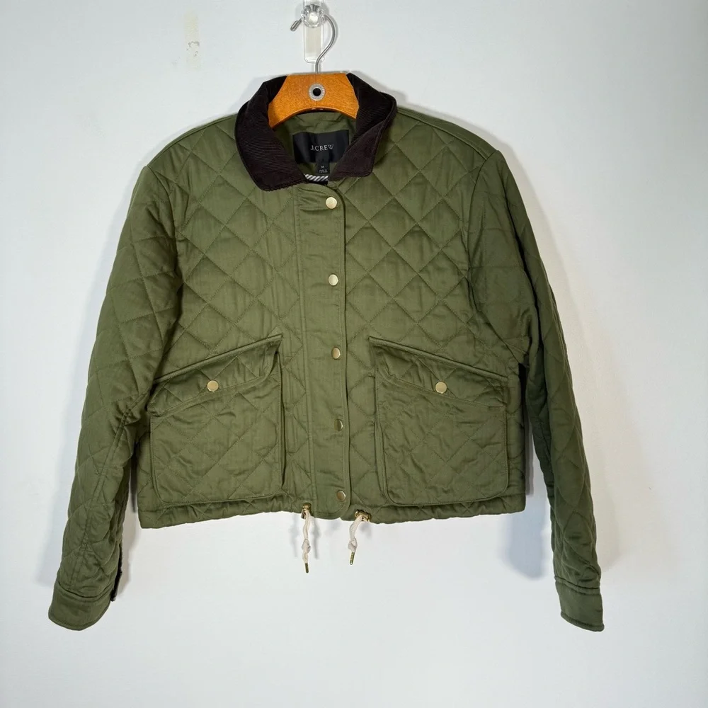 J. Crew Limited Edition Cropped Quilted Barn Jacket Green Corduroy Collar M - Picture 1 of 10